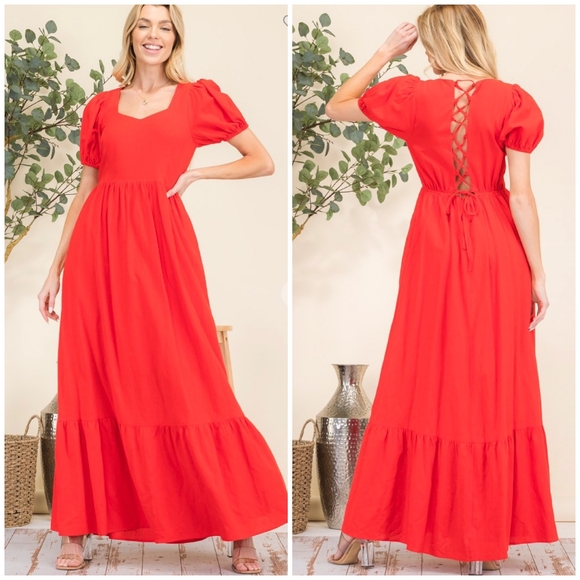 HYFVE Boho Chic Rich Red Puff Sleeves Tiered Maxi Dress - Picture 5 of 8